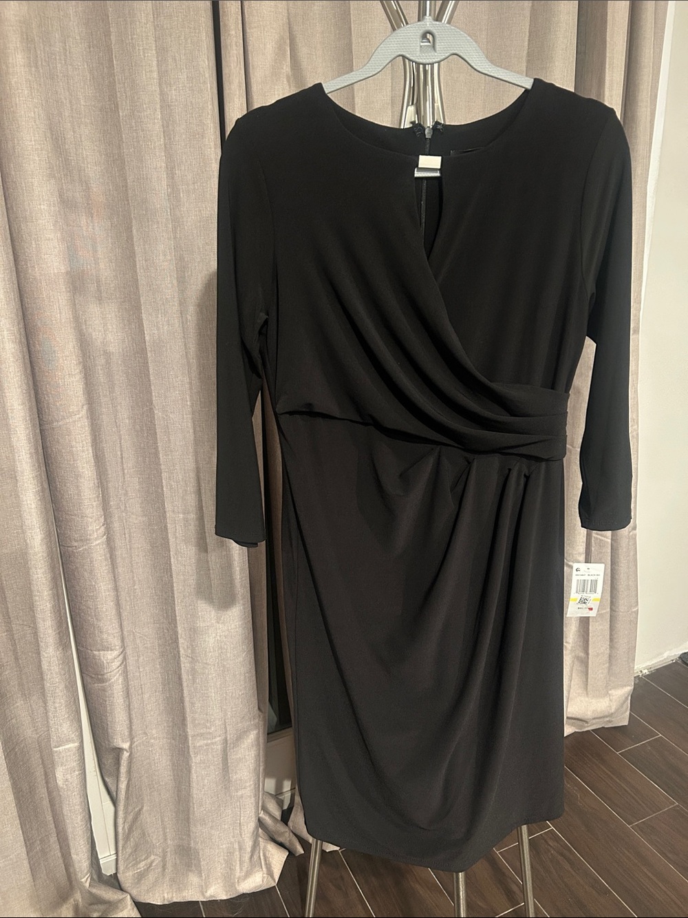 NWT MSK Black Long Sleeve Faux-Wrap Sheath Dress with Draped Front